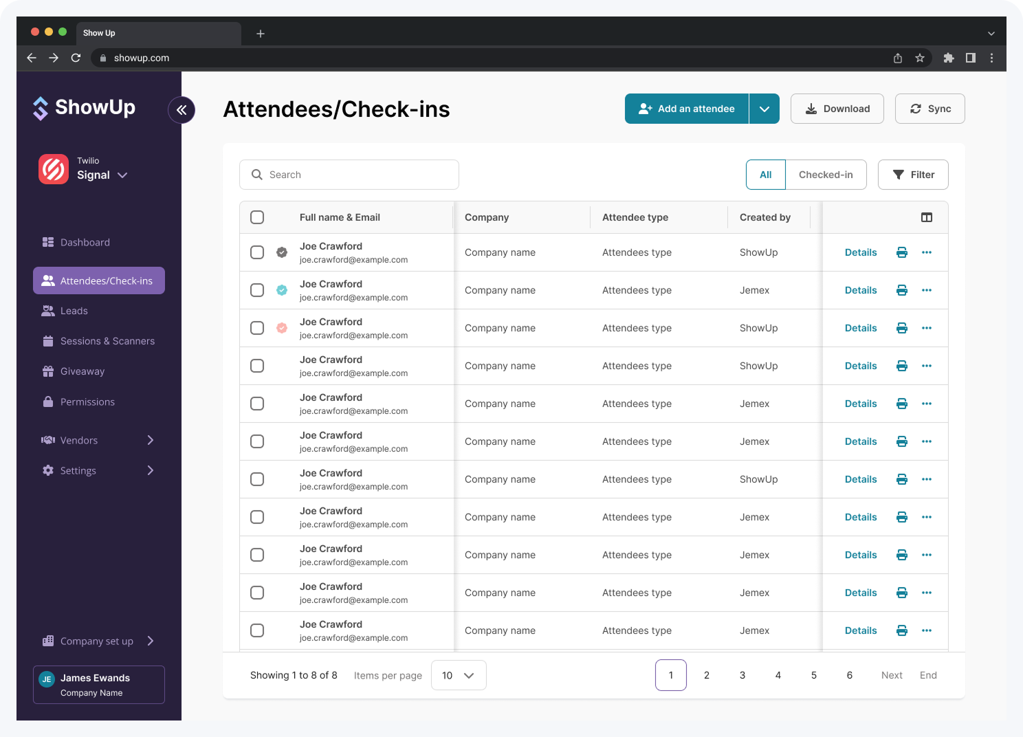 ShowUp attendee administration table
