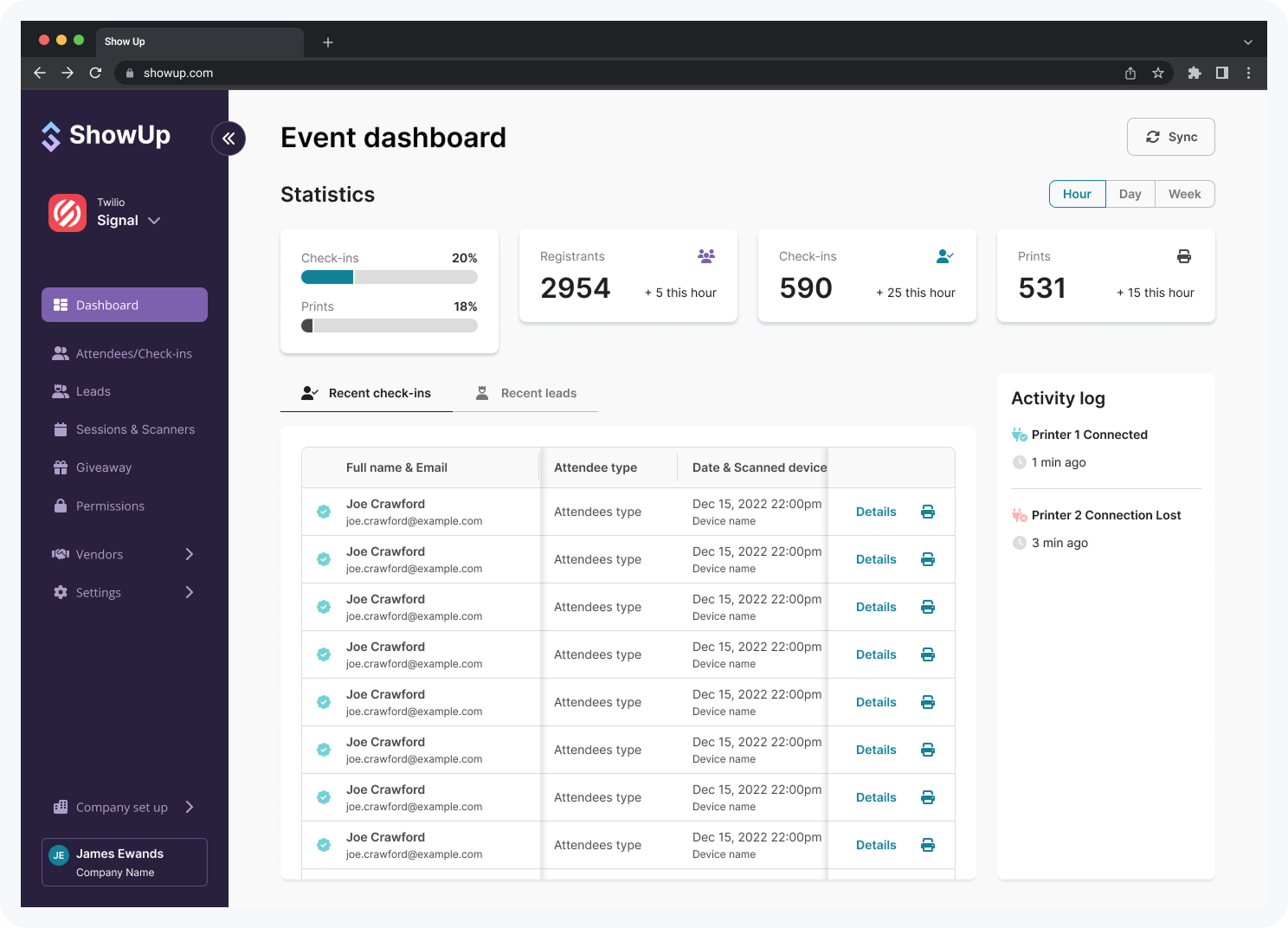 ShowUp event dashboard with attendee and check-in activity