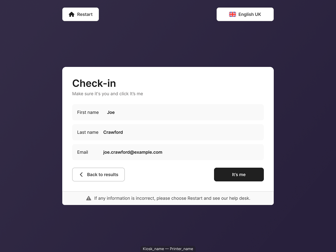 Tablet check-in screen asks the attendee to confirm name and email and provides a help-desk instruction