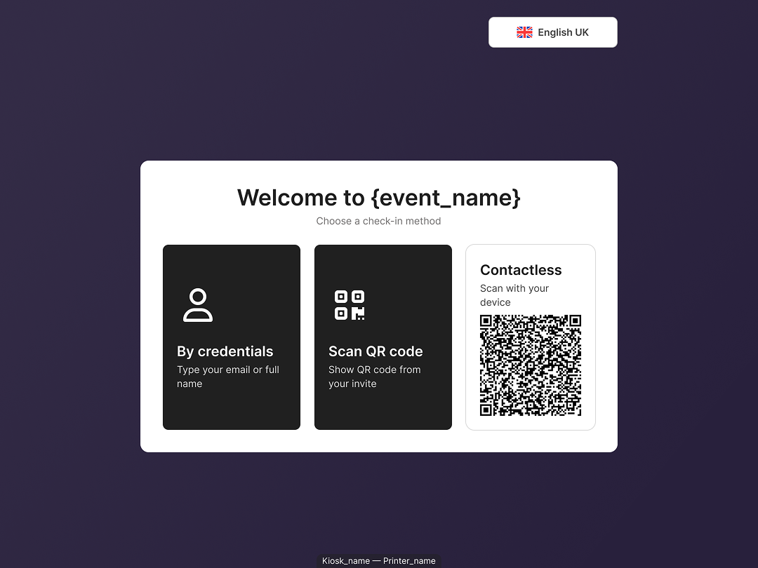 ShowUp kiosk welcome screen with credentials, QR scanning and contactless choices