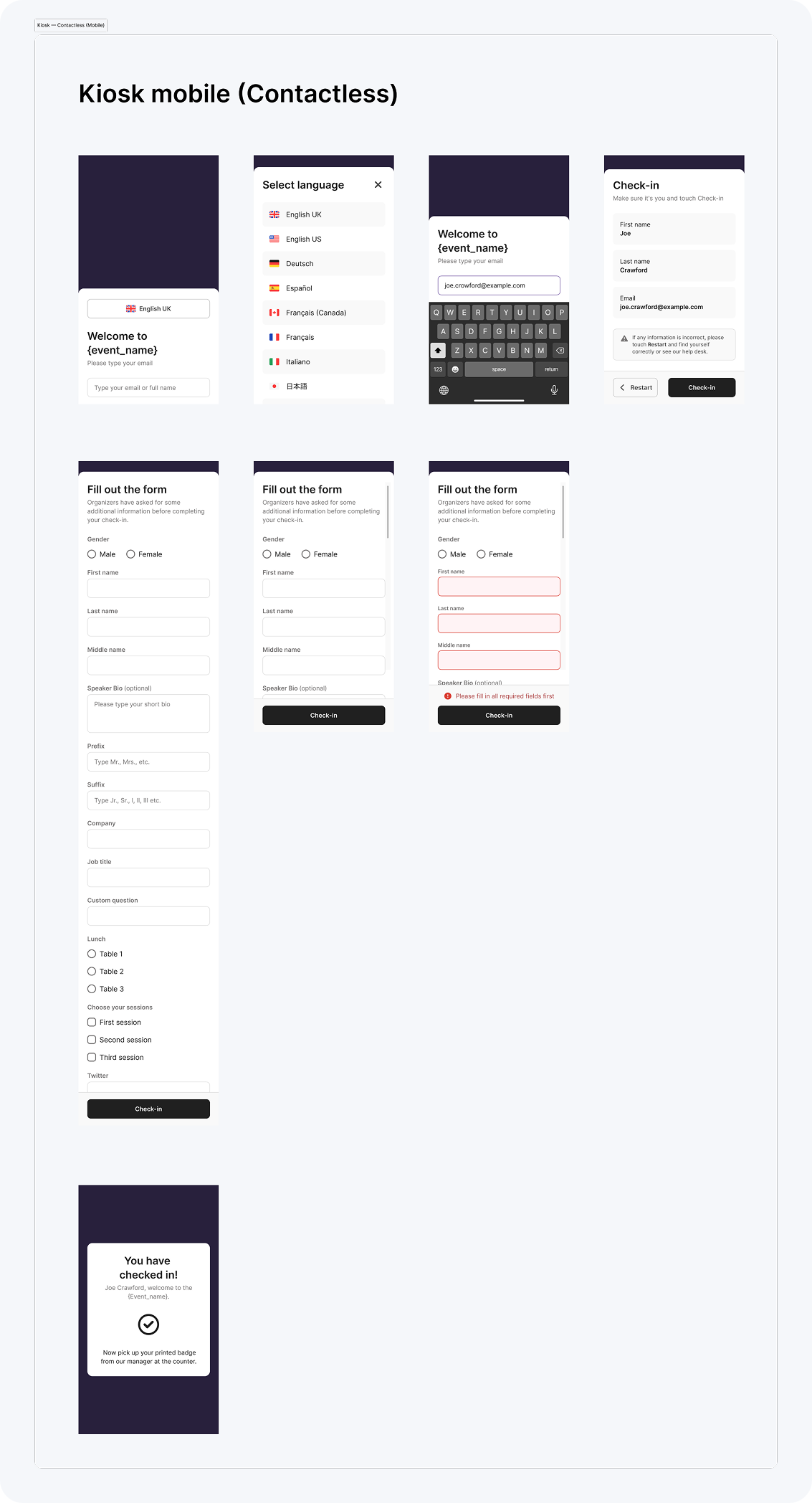 Full original mobile check-in board with lookup, language selection, confirmation, custom fields, validation and success screens