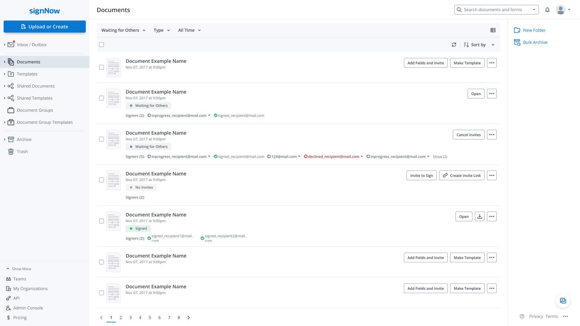 Redesigned signNow Folder App showing documents, recipients, statuses and actions
