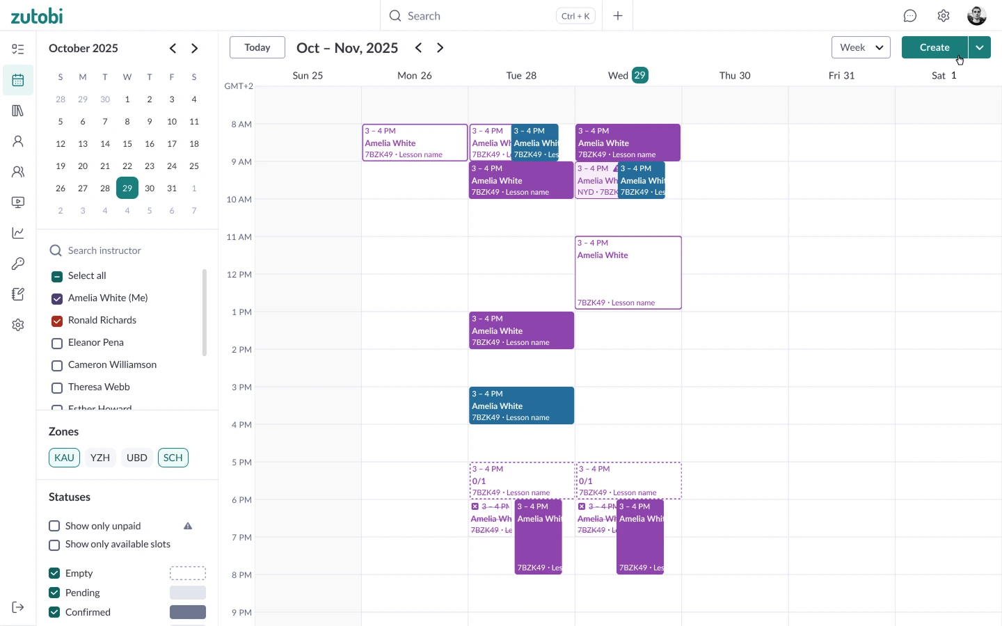 Zutobi redesigned weekly calendar with lesson cards and instructor, zone and status filters